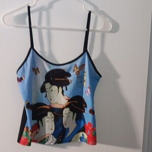 No Boundaries Blue and Black Geisha Graphic Spaghetti Strap Tank